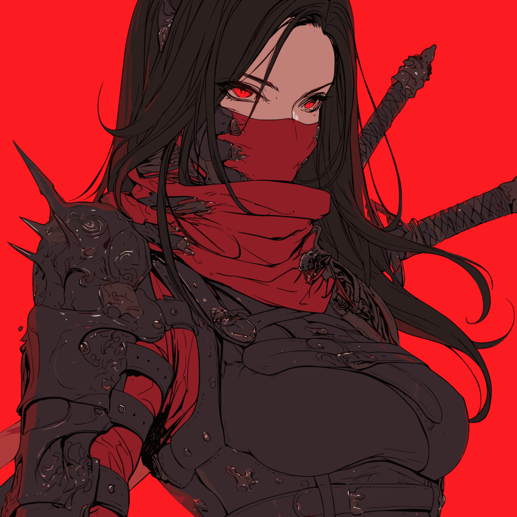 黒鴉派の忍・深紅のハイネックと武具